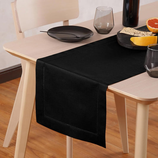 Black Table Runner 48 Inch – Cotton Linen Hemstitch Farmhouse Table Runner 14x48 – Washable Fabric for Fall, Halloween, Thanksgiving, Everyday Dining & Décor – Serena