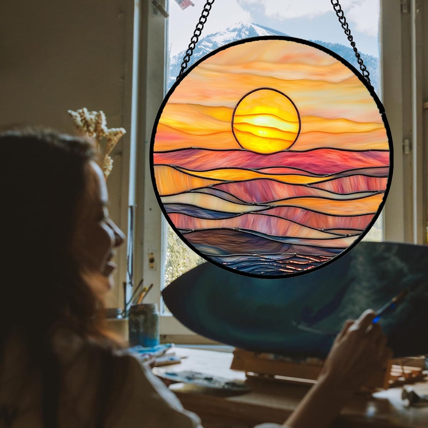 Stained Glass Window Hanging, Orange Sunrise Suncatcher Diamond Glass Panel Hangings Scenery Sun Catchers Decor for Birthday for Women, Men, Wife, Aunt, and Mom 9.8 in