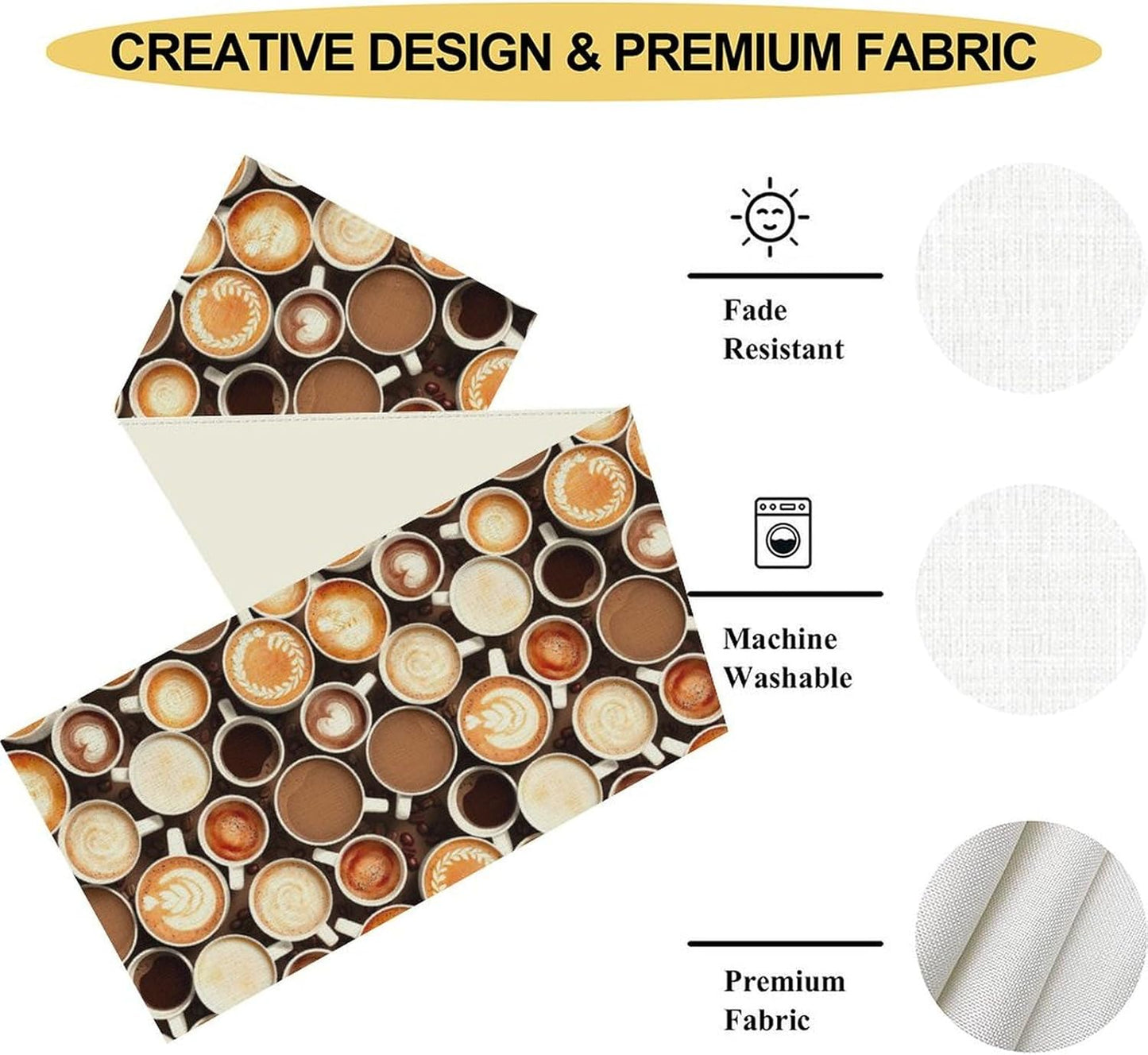 Coffee Theme Table Runner, Farmhouse Coffee Cup Latte Cappuccino Tea Party Rustic Cafe Table Center Decor for Home Kitchen Dining Patio Holiday Party Indoor Outdoor Table Decorations,13"x72" Inch