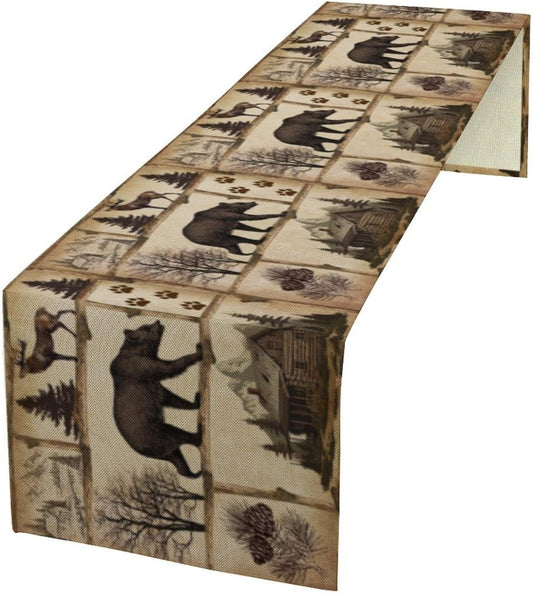 Rustic Cabin Table Runner, Retro Moose Cone Deer Bear Farmhouse Lodge Table Runner for Dinner Living Room Kitchen Vintage Country Cottage 13x60 Inch