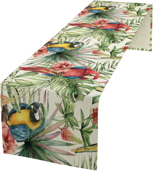 Parrot Table Runner,Tropical Palm Leaf Colorful Macaw Bird Watercolor Print Tablecloth Burlap for Hotel Indoors Outdoor Dining Room Kitchen Home Decor,W13X L70 in
