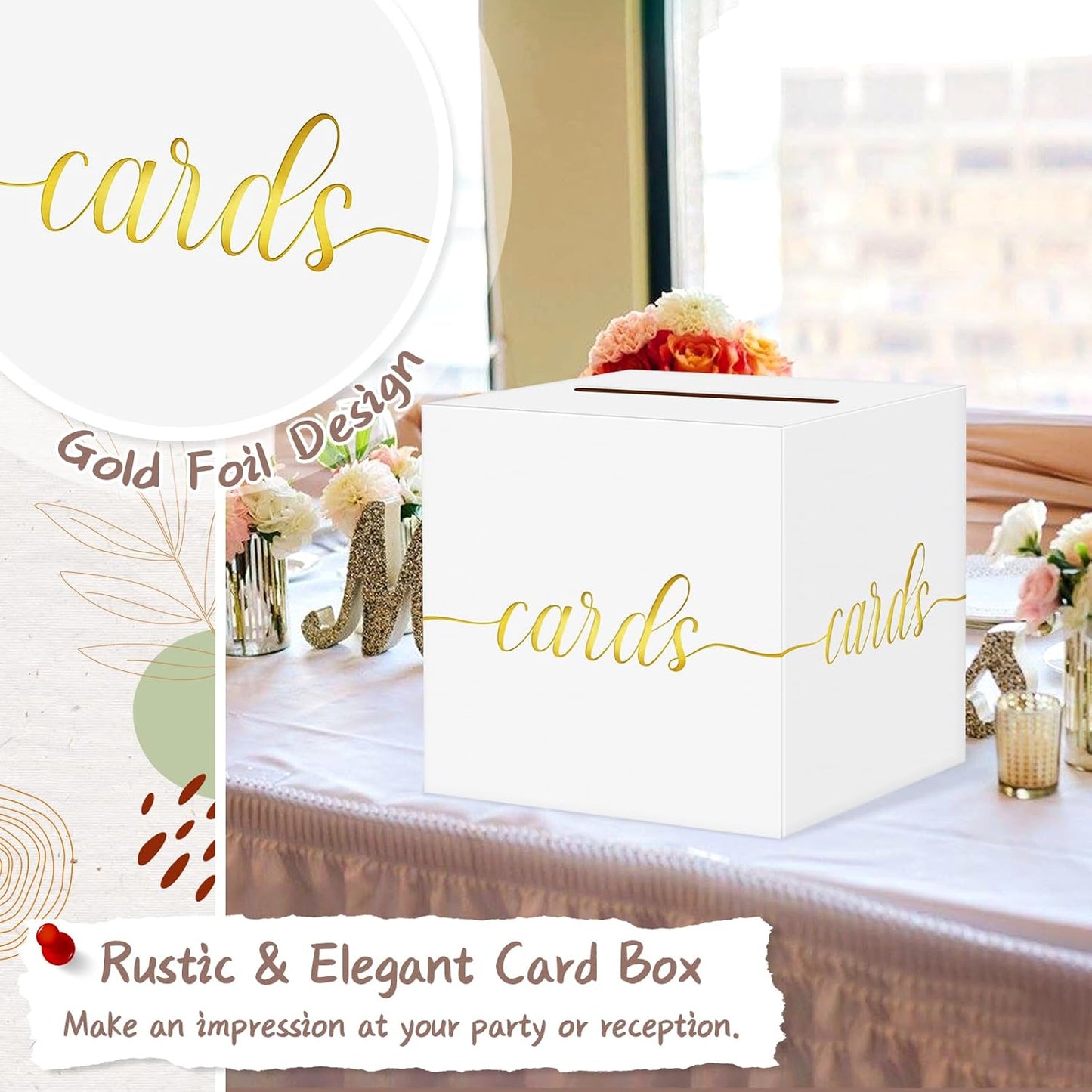 QIKSION White Wedding Card Box, Gold Foil Gift Card Box for Party, Wedding Reception, Birthday, Graduation, Baby Shower, Raffle