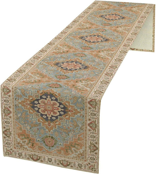 Vintage Boho Floral Table Runner, Rustic Country Farmhouse Grey Blue Orange Bohemia Flower Pattern for Home Kitchen Table Decor Dining Coffee Room Party Decor 13x60in