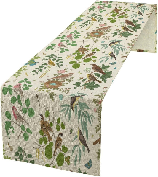 Vintage Bird Flower Table Runner Seasonal Spring Summer Garden Plants Farmhouse Country Kitchen Dining Table Decoration for Home Party Holiday 13"x70"
