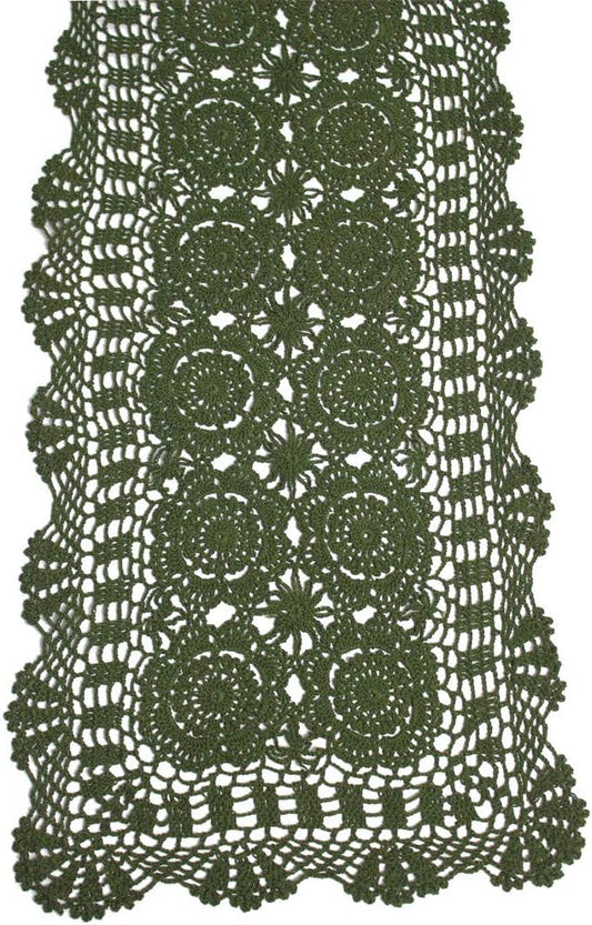 KEPSWET Cotton Handmade Crochet Lace Table Runner Olive Green Rectangle Coffee Table Dresser Decor (14x36 inch)