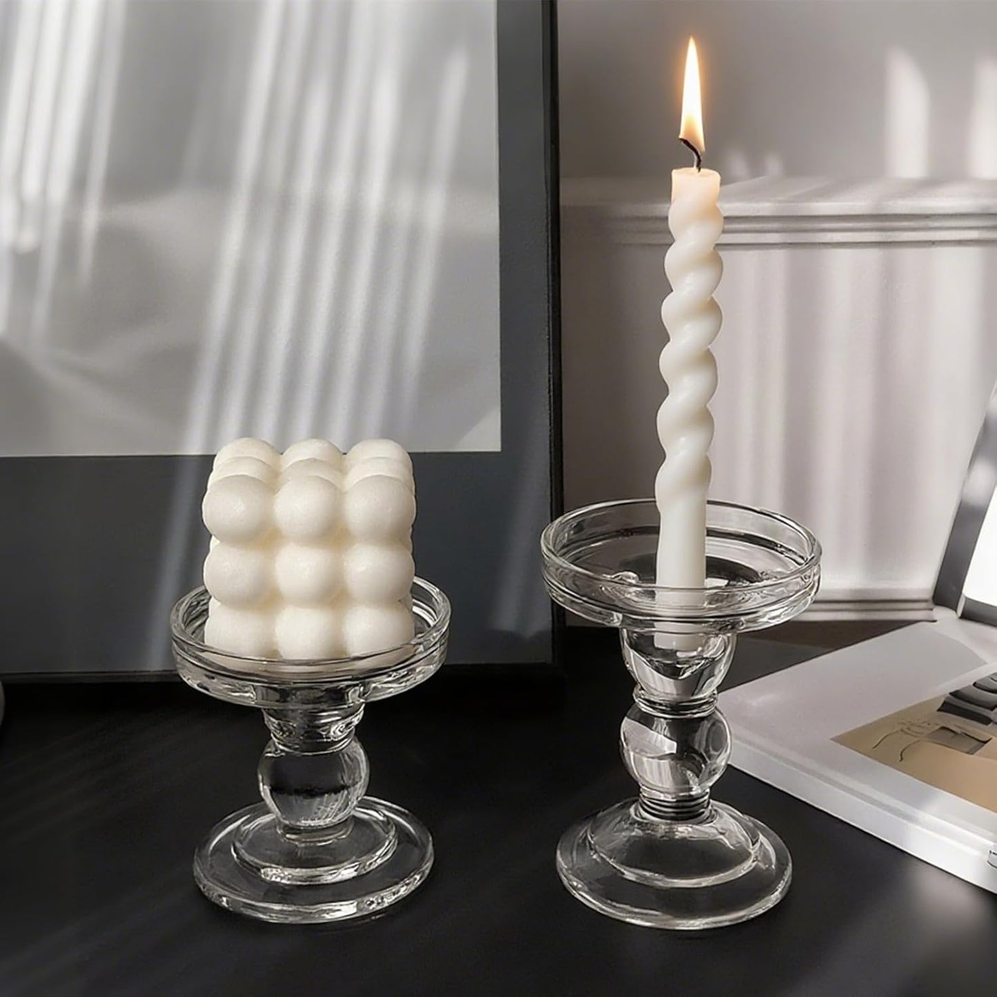 Okllen Set of 6 Glass Candle Holders, Clear Pillar Taper Candlestick Crystal Tealight Candle Holder Stand for Dinner Table, Wedding Centerpieces, Living Room, Home Decor