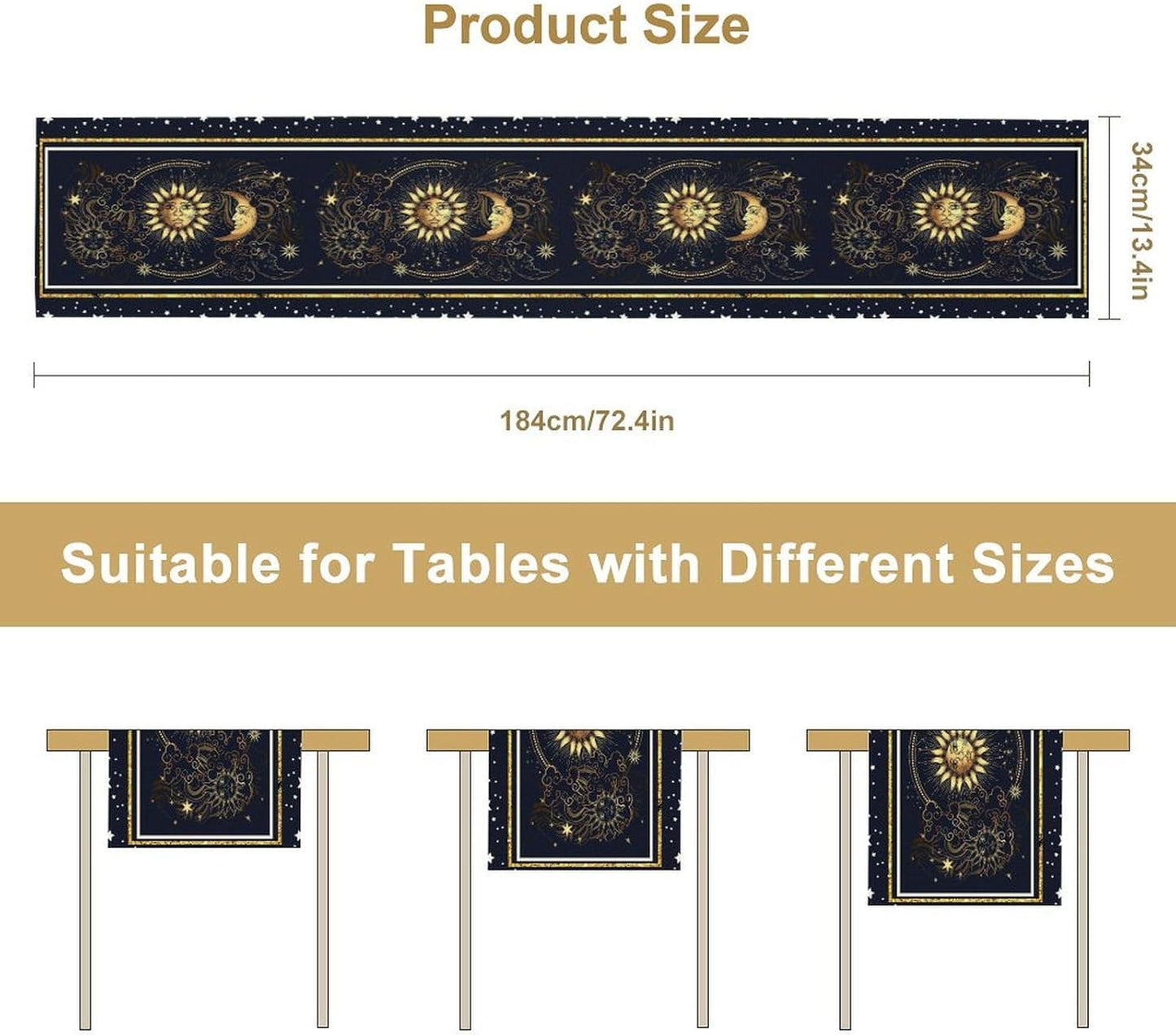 Sun Moon Table Runner, Seasonal Golden Sun Moon Holiday Kitchen Dining Table Runner for Kitchen Living Room Home Party Decor 13x90 Inch
