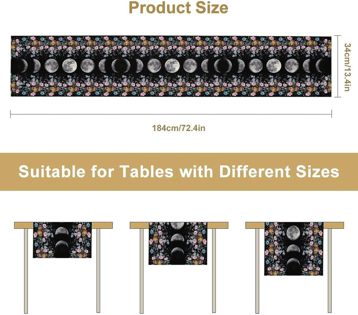 Boho Floral Moon Table Runner, Spring Flower Leaves Mystical Gothic Sun Moon Table Runner for Kitchen Dining Table Home Party,13x36 Inch Purple