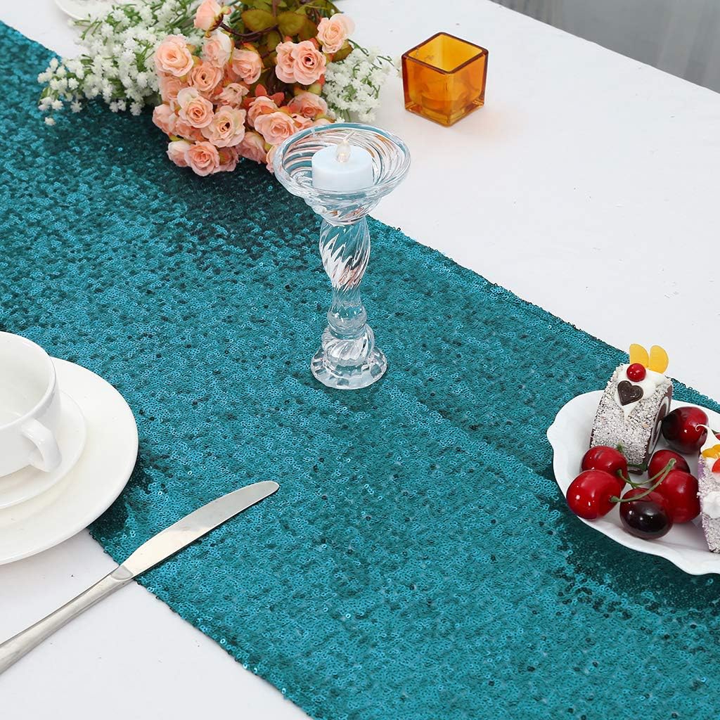 Eternal Beauty Teal Table Runner , 5PCS-12X108 Sequin Table Runner Decorations for Birthday Parties, Banquets, Graduations,Christmas