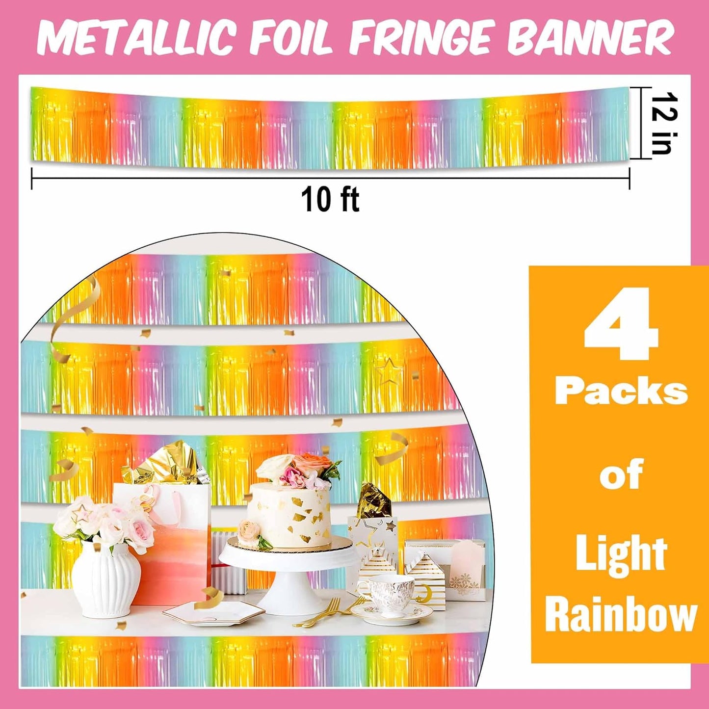 4 Pack 10 Ft Light Rainbow Foil Fringe Garland Metallic Streamers Tinsel Banner Wall Hanging Garland Backdrop for Parade Floats, Halloween, Christmas, Thanksgiving, New Year Party Decorations