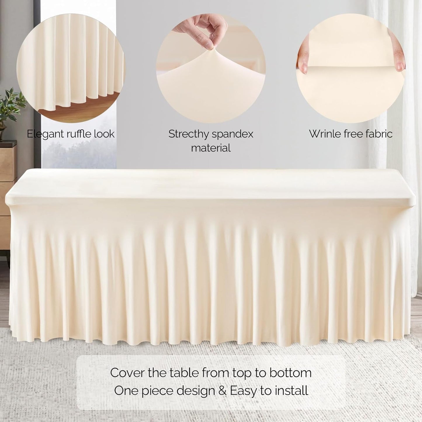 Wish Care 2 Pack Ivory Spandex Table Clothes for 4 Foot Rectangle Tables, 4FT Wrinkle Free Fitted Tablecloths Ruffles Design Table Cover for Party, Banquet, Wedding and Events