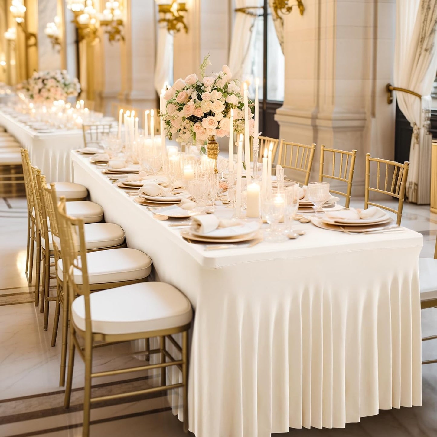 Wish Care 2 Pack Ivory Spandex Table Clothes for 4 Foot Rectangle Tables, 4FT Wrinkle Free Fitted Tablecloths Ruffles Design Table Cover for Party, Banquet, Wedding and Events