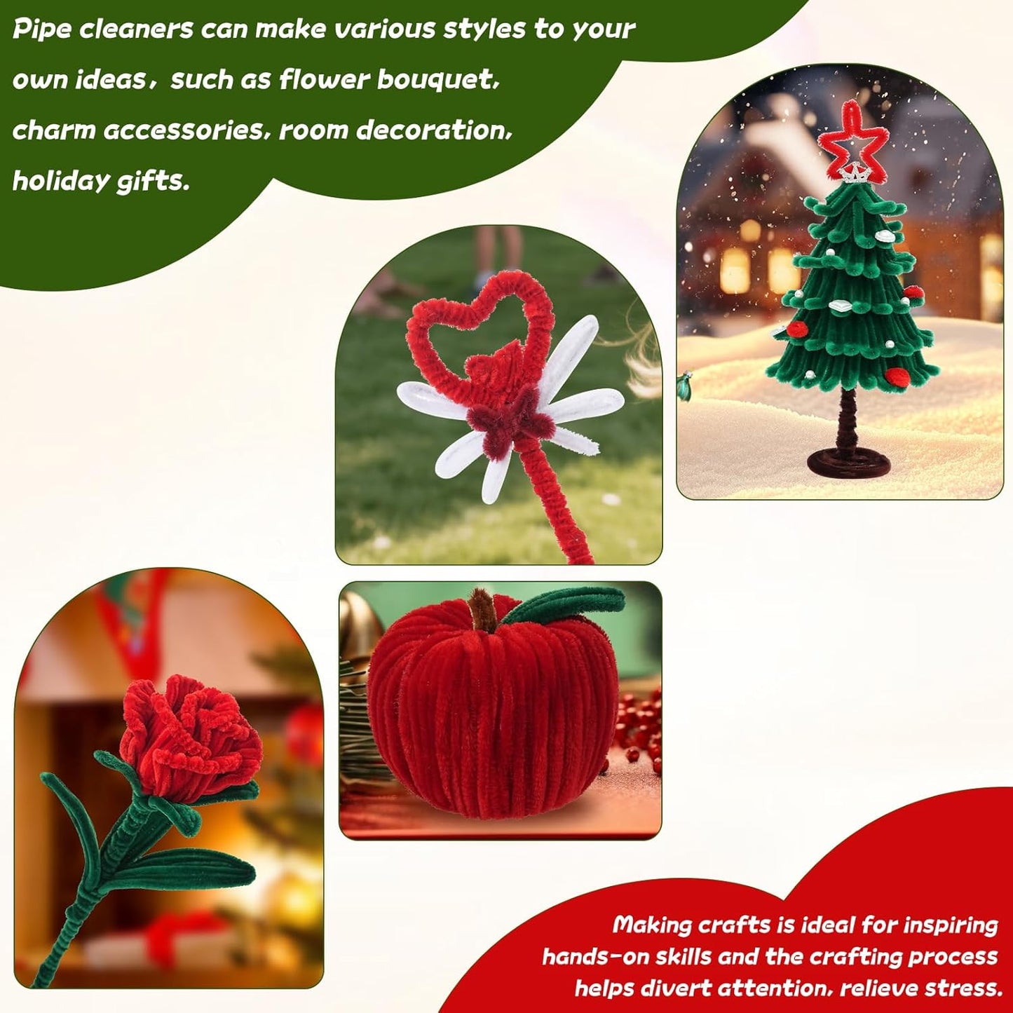 400 Pcs Red Pipe Cleaners for Crafts, 4 Colors Soft Chenille Stems Bulk with Floral Wires, Gardening Tape,Hot Glue Stick，Greeting Card,Bouquet Paper, Pearl & Ribbon, Flowers Craft kit for Christmas