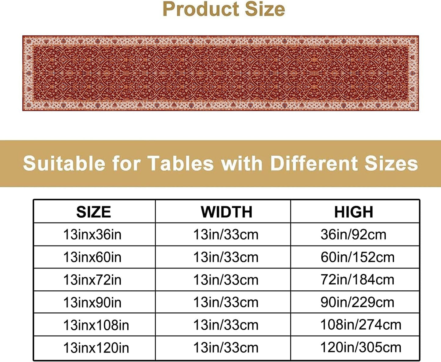Boho Floral Vintage Table Runner, Red Retro Flower Rustic Country Farmhouse Abstract Pattern for Home Kitchen Table Decor Dining Coffee Room Party Decor 13x108in