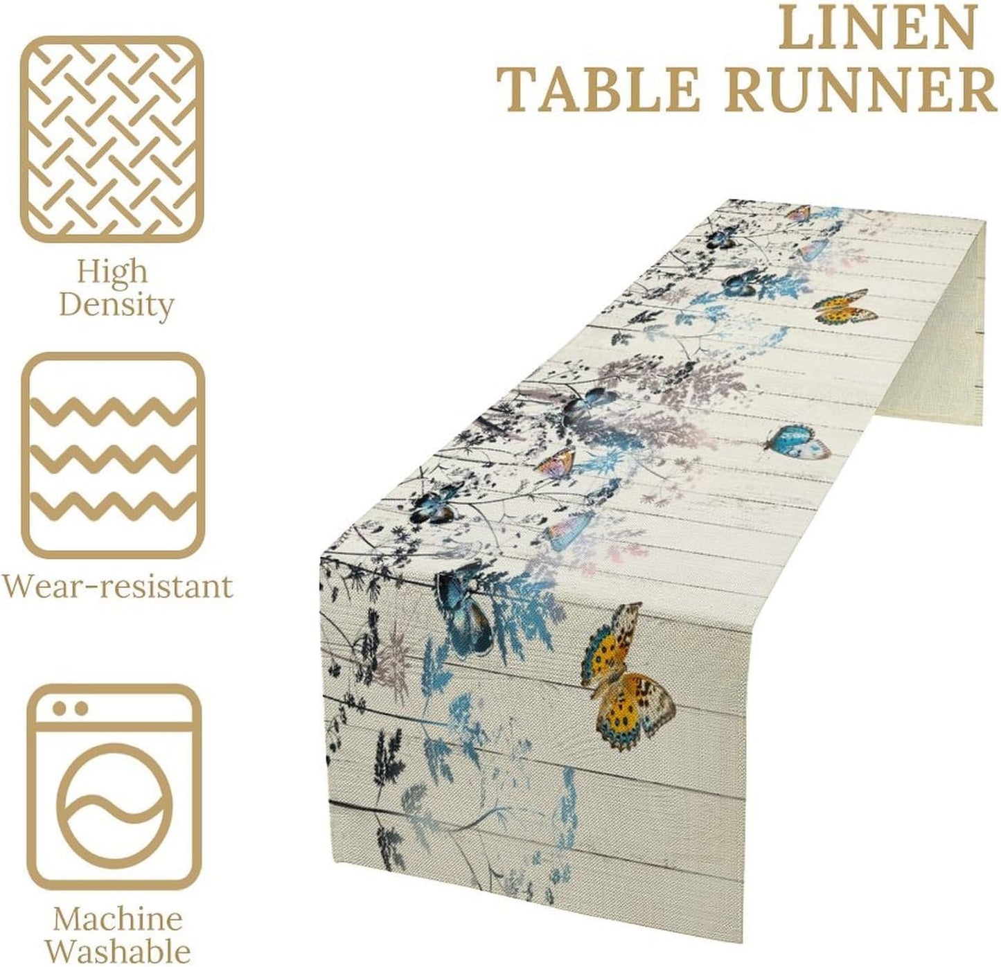 Nature Dandelion Table Runner,Rustic Floral Wood Plank Butterfly Girl Women Pattern Print Burlap Tablecloth for Hotel Indoors Outdoor Dining Room Kitchen Table Decor, 13x90in