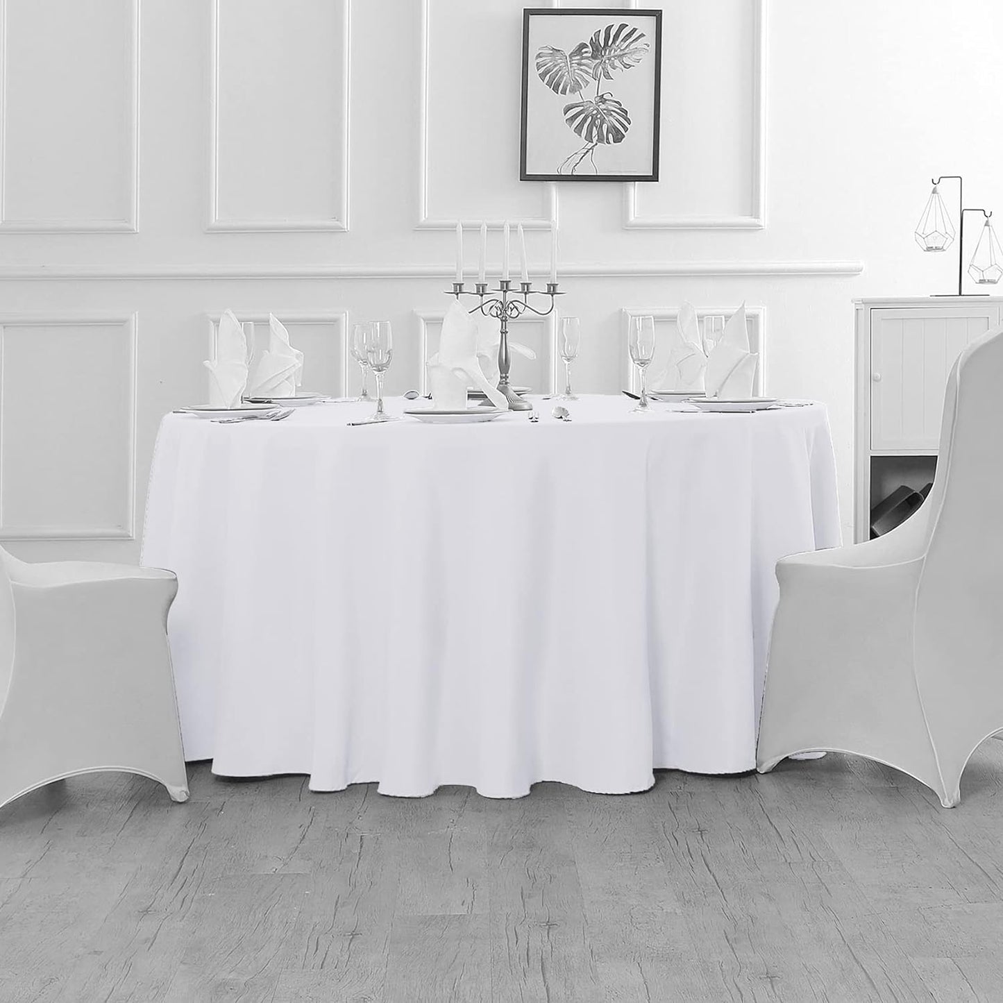 Fokitut 12 Pack Waterproof Round Tablecloth, 132 Inch, Stain Resistant and Wrinkle Polyester Table Cloth, Fabric Table Cover for Kitchen Dining, Wedding, Party, Holiday Dinner-White