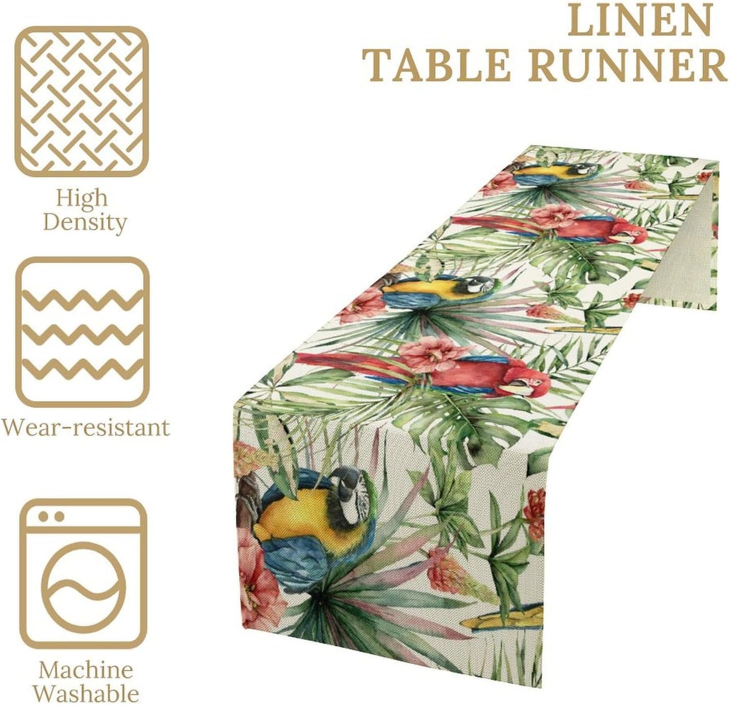 Parrot Table Runner,Tropical Palm Leaf Colorful Macaw Bird Watercolor Print Tablecloth Burlap for Hotel Indoors Outdoor Dining Room Kitchen Home Decor,W13X L90 in