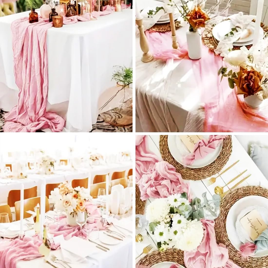 Pink Cheesecloth Table Runner -21*120Inch Long Boho Wedding Table Decor, Rustic Gauze Fabric Runner for Bridal Showers, Baby Showers & Parties (Sheer, Lightweight, Wrinkled Design)