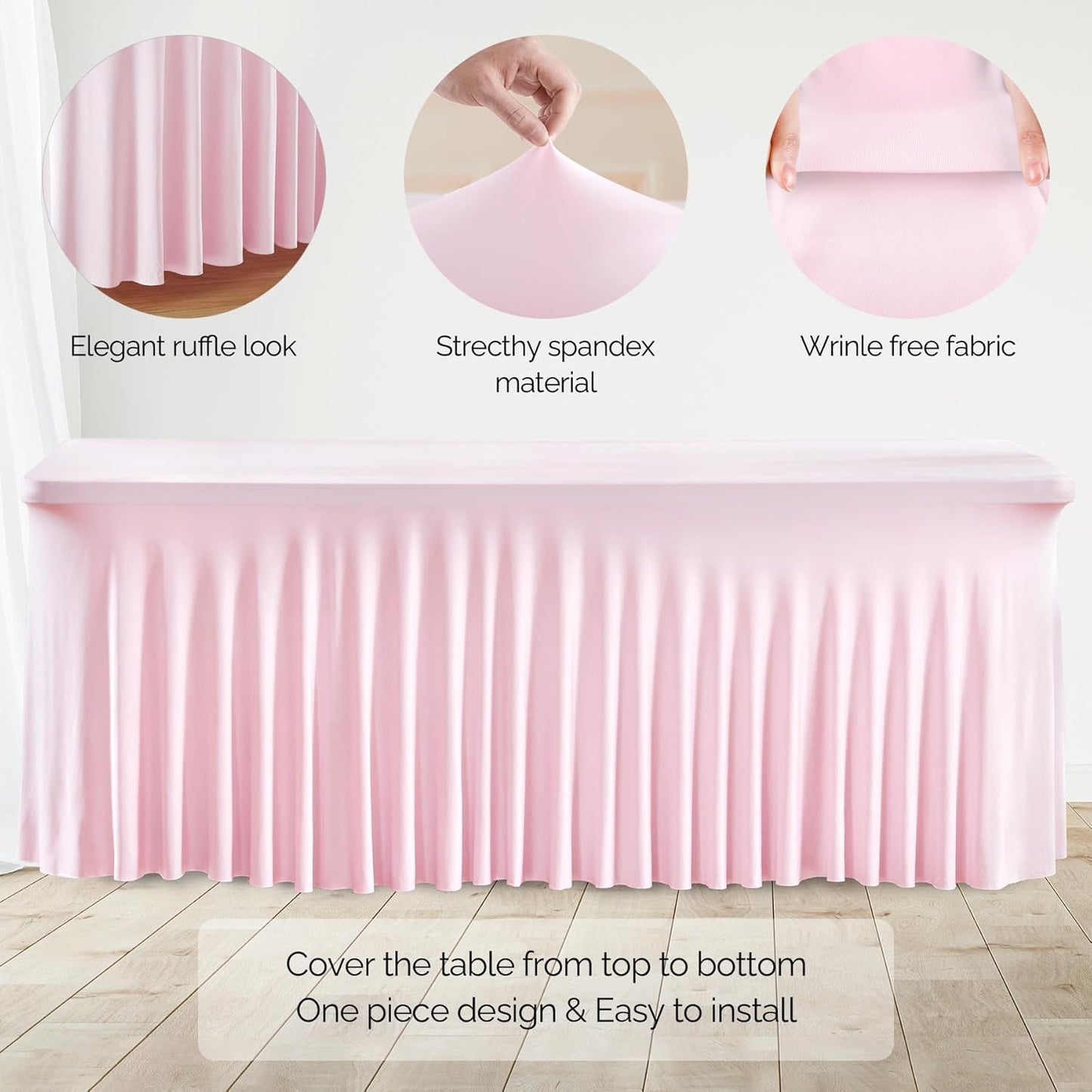 Wish Care 2 Pack Pink Spandex Table Clothes for 6 Foot Rectangle Tables, 6FT Wrinkle Free Fitted Tablecloths Ruffles Design Table Cover for Party, Banquet, Wedding and Events