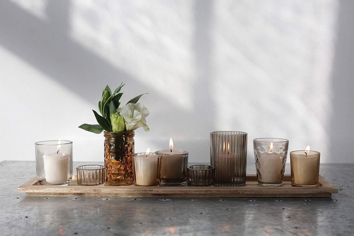 Wood Tray with 9 Brown Glass Votive Holders (Set of 10 Pieces)