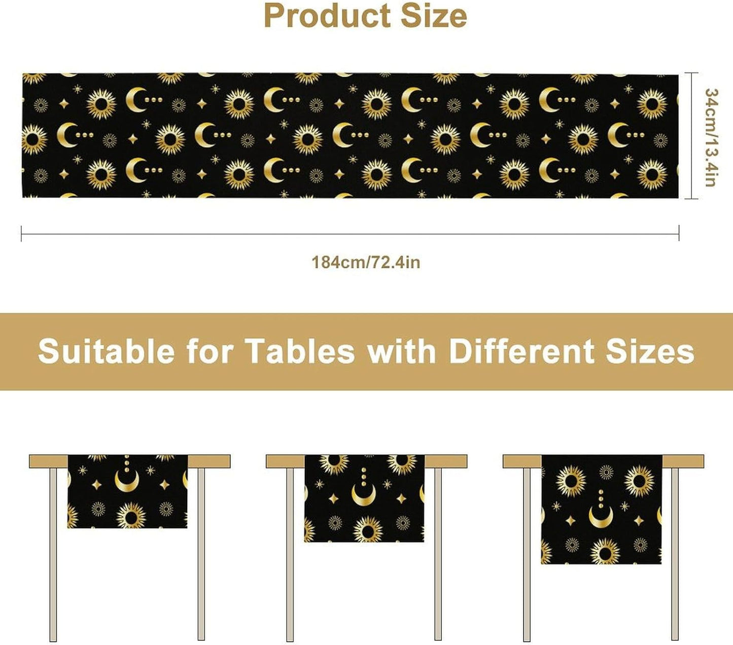 Magic Gold Sun Moon Stars Table Runner Mystical Farmhouse Rustic TableRunner for Party Holiday Dining Room Kitchen 13x108 Inch