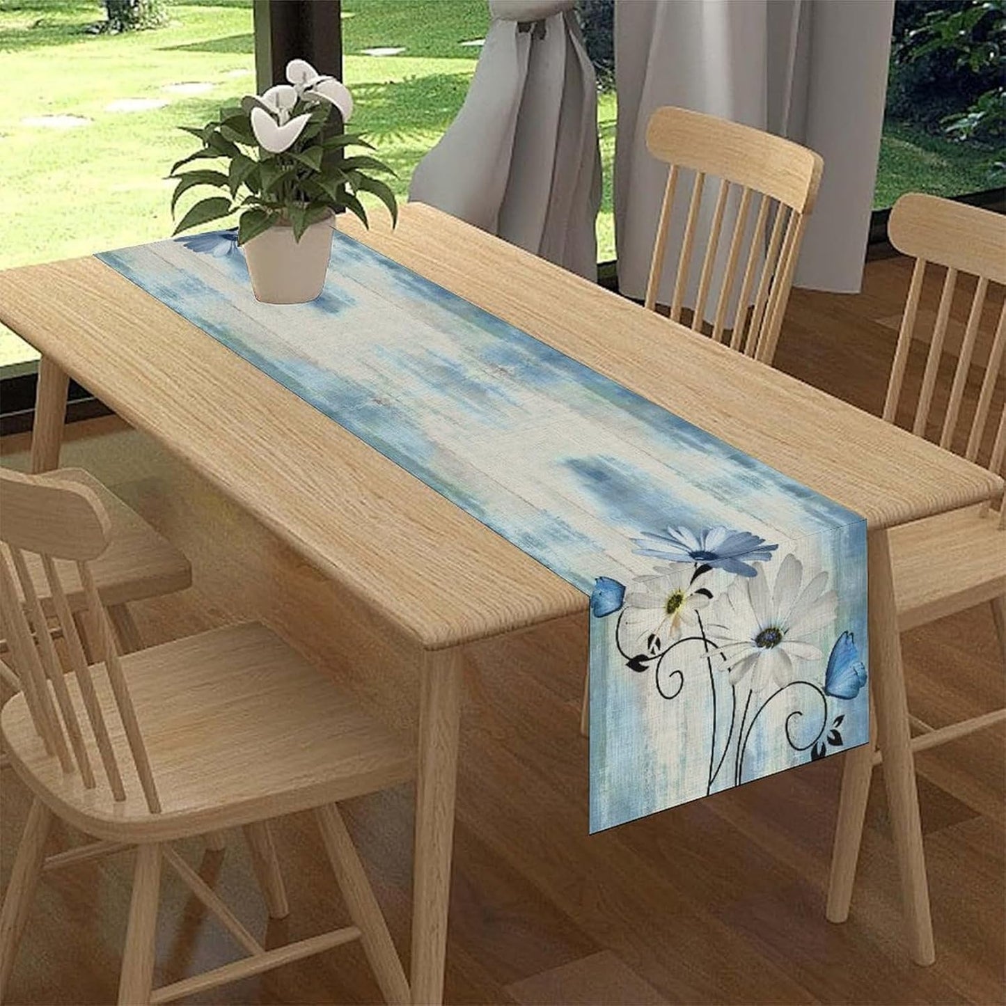 Daisy Floral Table Runner, Spring Seasonal Summer Wild Flower Rustic Country Farmhouse Table Center Decor for Home Kitchen Dining Patio Holiday Party Indoor Outdoor Table Decorations, 13"x108" Inch
