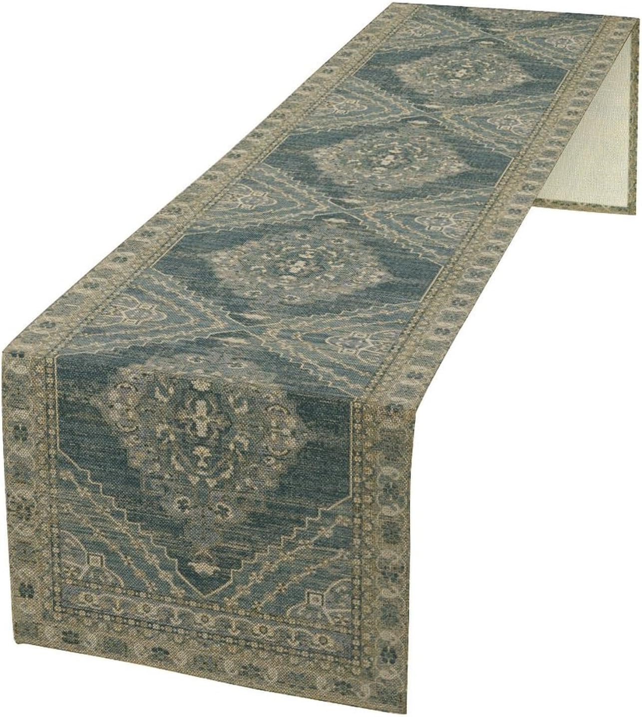 Boho Floral Vintage Table Runner, Blue Teal Retro Flower Rustic Country Farmhouse Pattern for Home Kitchen Table Decor Dining Coffee Room Party Decor 13x90in
