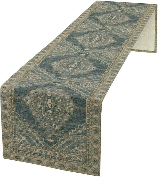 Boho Floral Vintage Table Runner, Blue Teal Retro Flower Rustic Country Farmhouse Pattern for Home Kitchen Table Decor Dining Coffee Room Party Decor 13x90in