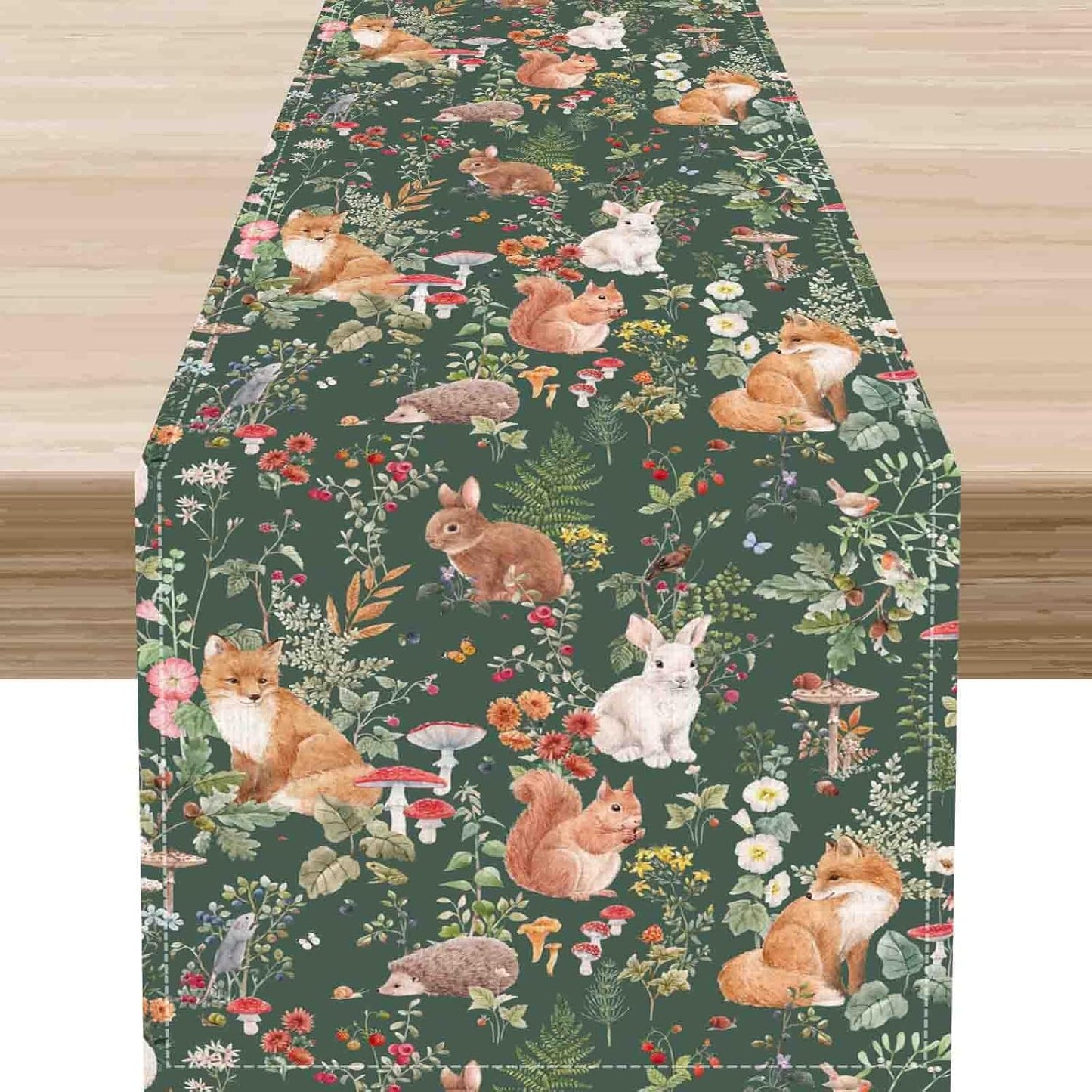 Rustic Forest Table Runner, Farmhouse Wild Woodland Animals Country Fox Rabbits Mushroom Botanical Green Table Center Decor for Home Kitchen Dining Patio Holiday Party, 13"x36" Inch