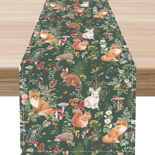 Rustic Forest Table Runner, Farmhouse Wild Woodland Animals Country Fox Rabbits Mushroom Botanical Green Table Center Decor for Home Kitchen Dining Patio Holiday Party, 13"x36" Inch