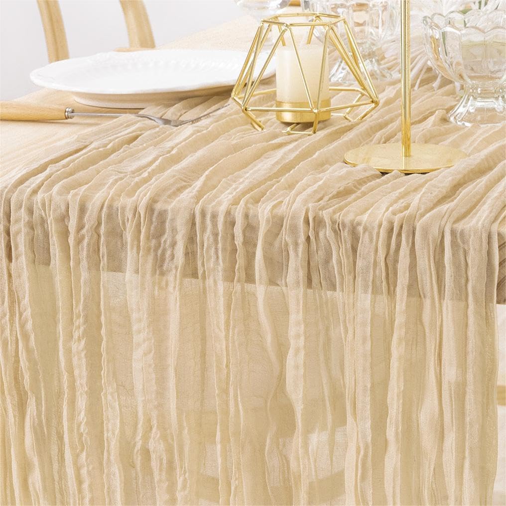 MLMW 3 Pack Champagne Gold Table Runner Cheesecloth Boho Gauze Rustic Cheese Cloth 160 inch Sheer Wedding Table Runner 13.3ft for Thanksgiving Party Baby Bridal Shower Birthday