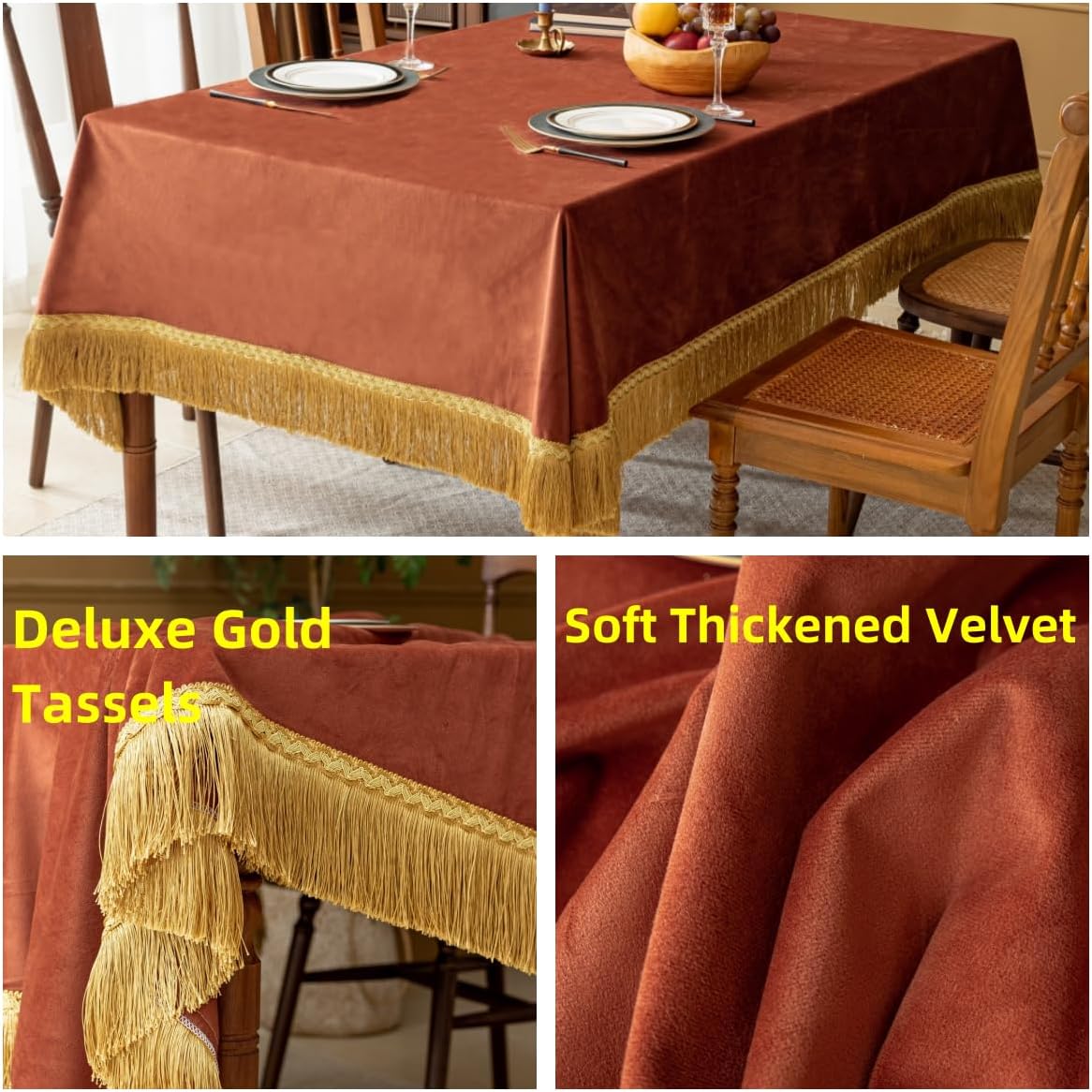 F-CHU Luxury Burnt Orange Tablecloth Thickset Velvet Tablecloth with Beautiful Gold Tassels Table Cloth for Home Decor Wedding, Party, Banquet and Events 60x60-Inch