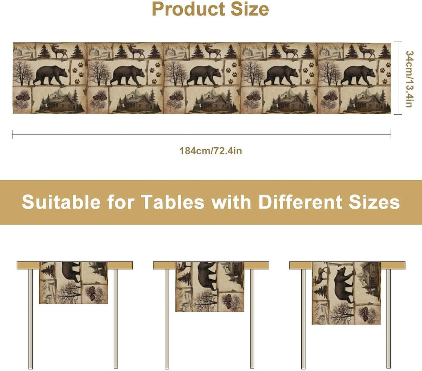 Rustic Cabin Table Runner, Retro Moose Cone Deer Bear Farmhouse Lodge Table Runner for Dinner Living Room Kitchen Vintage Country Cottage 13x60 Inch