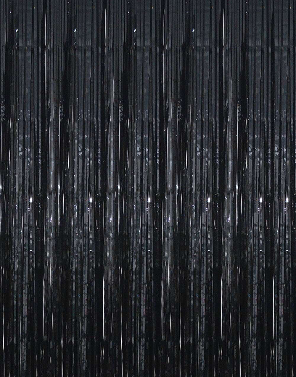 GOER 3.2 ft x 9.8 ft Metallic Tinsel Foil Fringe Curtains Party Photo Backdrop Party Streamers for Halloween,Birthday,Graduation,New Year Eve Decorations Wedding Decor (4 Packs,Black)