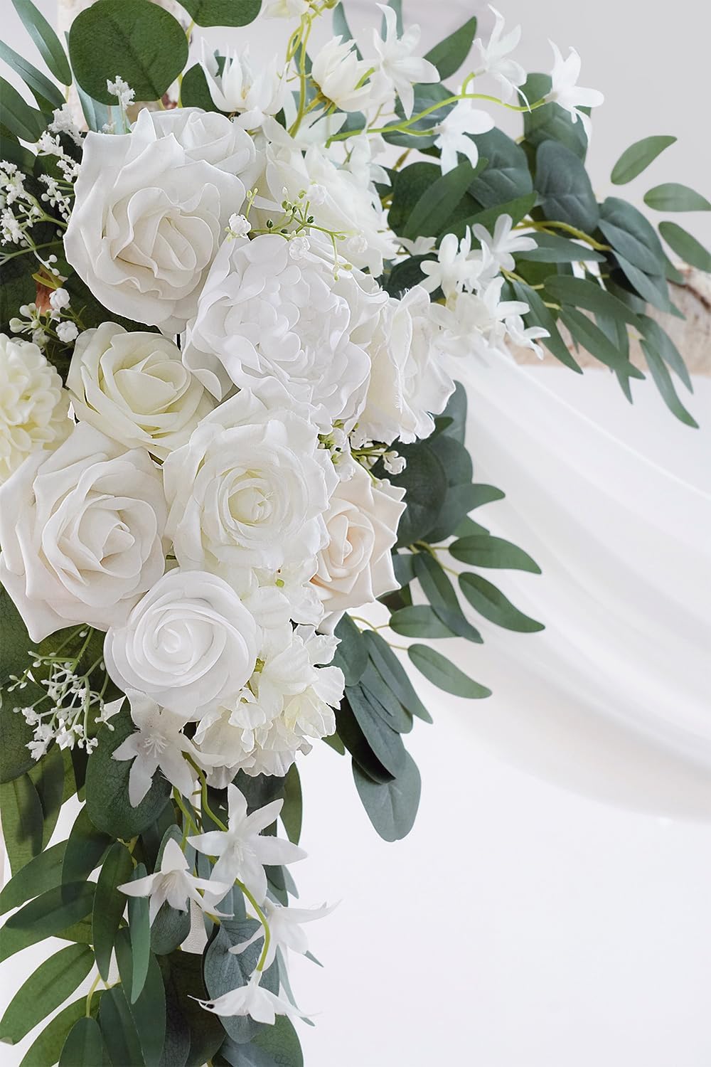 White Artificial Wedding Arch Flowers Kit (Pack of 3) with 26Ft White Shiny Arch Draping Fabric for DIY Wedding Party Ceremony Reception Backdrop Floral Decoration