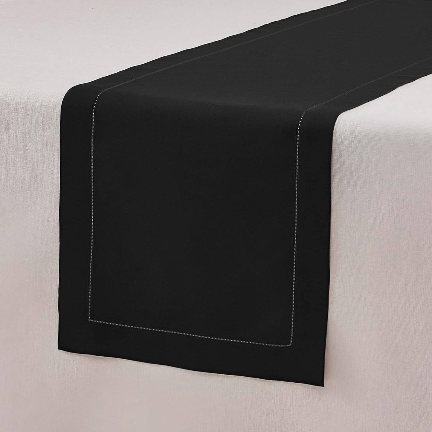 Black Table Runner 90 Inch–Cotton Linen Hemstitch Farmhouse Table Runner 14x90 – Washable Fabric for Dining, Fall, Halloween, Thanksgiving, Spring, Summer, Wedding, Everyday Décor – Serena