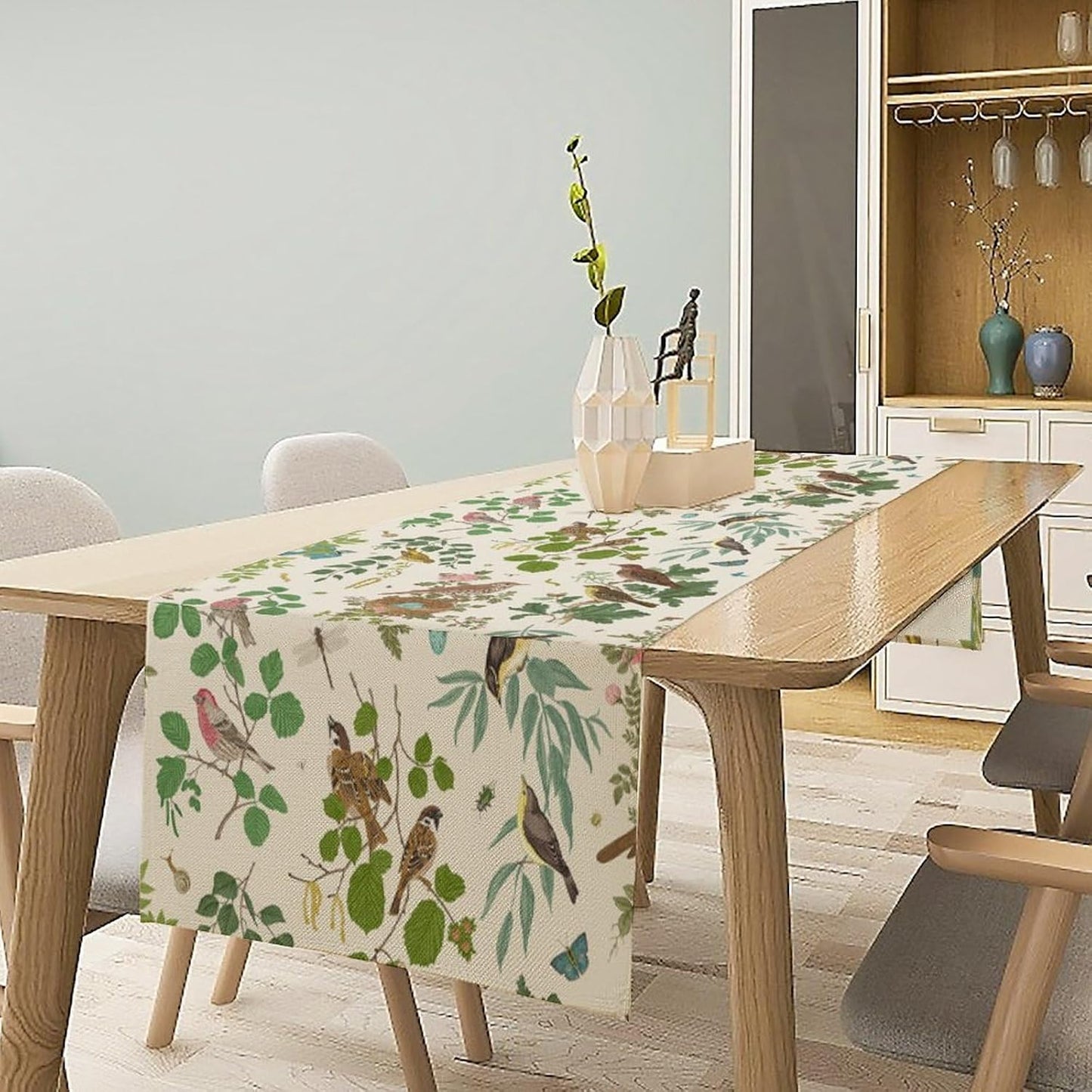 Vintage Bird Flower Table Runner Seasonal Spring Summer Garden Plants Farmhouse Country Kitchen Dining Table Decoration for Home Party Holiday 13"x36"