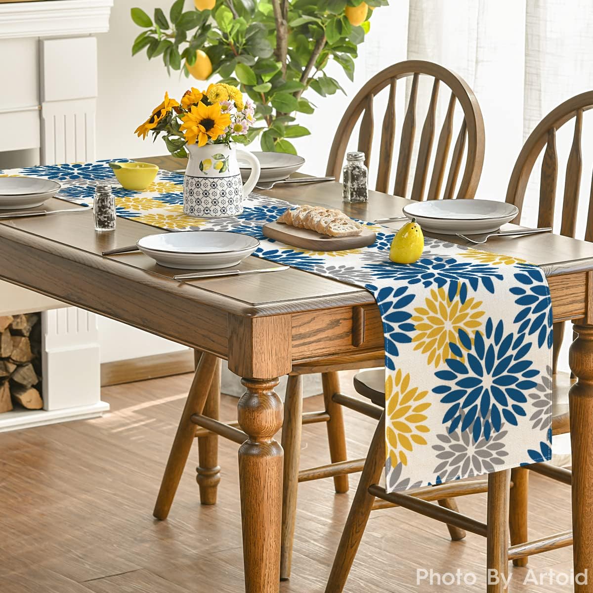 Artoid Mode Blue Dahlia Floral Pinnata Summer Table Runner, Spring Kitchen Dining Table Decoration for Home Party Decor 13x72 Inch