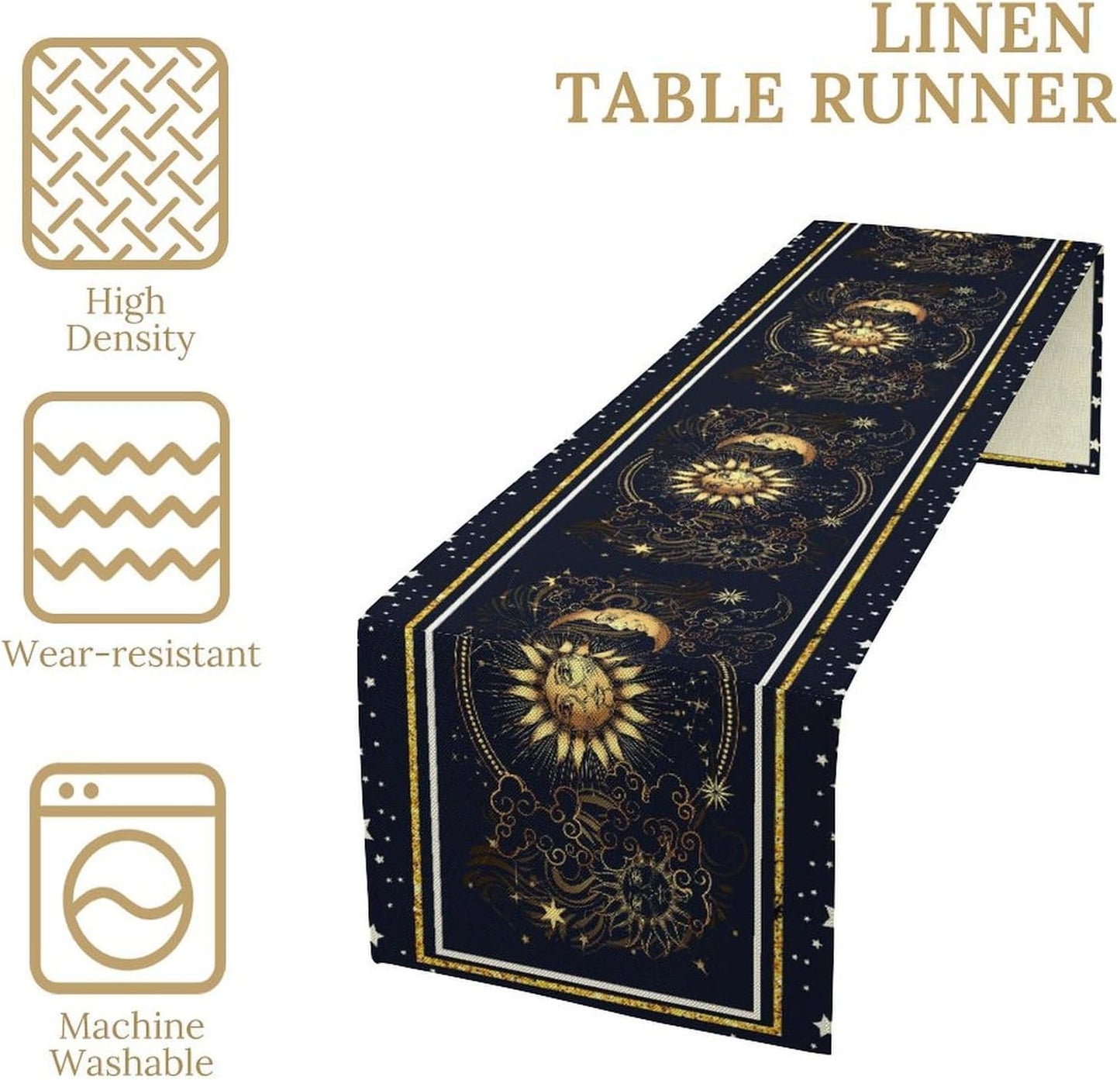 Sun Moon Table Runner, Seasonal Golden Sun Moon Holiday Kitchen Dining Table Runner for Kitchen Living Room Home Party Decor 13x36 Inch