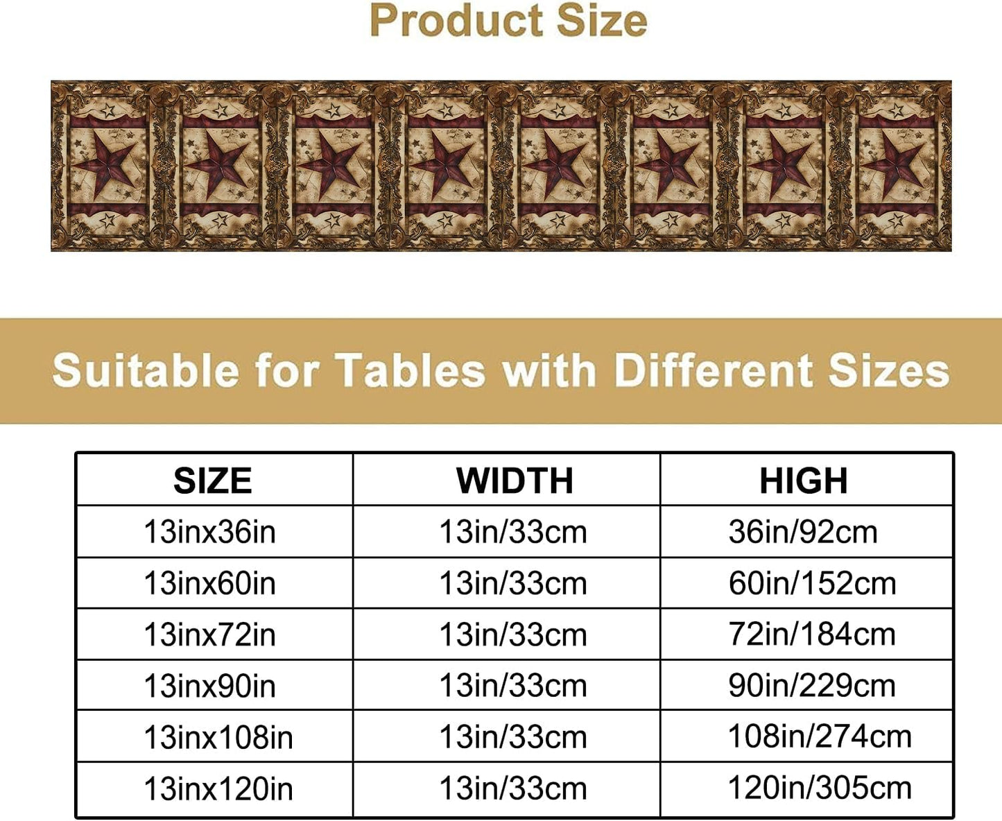Wild West Table Runner, Rustic Farmhouse Texas Star Vintage Rodeo Cowboy Old Sign Wild West Print Pattern for Home Kitchen Table Decor Dining Coffee Room Garden Party Decor 13x60in