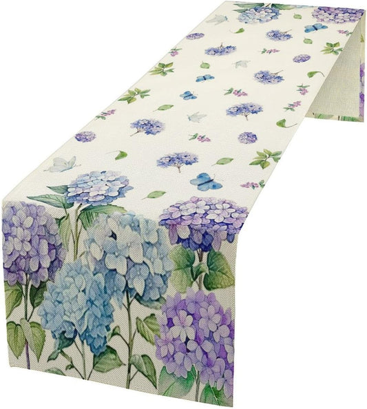 Spring Hydrangea Flower Table Runner, Seasonal Summer Plants Watercolor Florals Butterfly Dinner Runner for Home Kitchen Dining Table Party Holiday Decoration 13"x120"