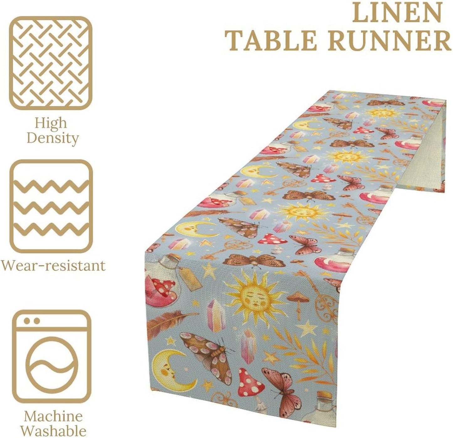 Boho Sun Moon Table Runner Mystical Rustic Butterfly Mushroom Star Table Runner for Kitchen Living Room Dinner Holiday 13x36 Inch