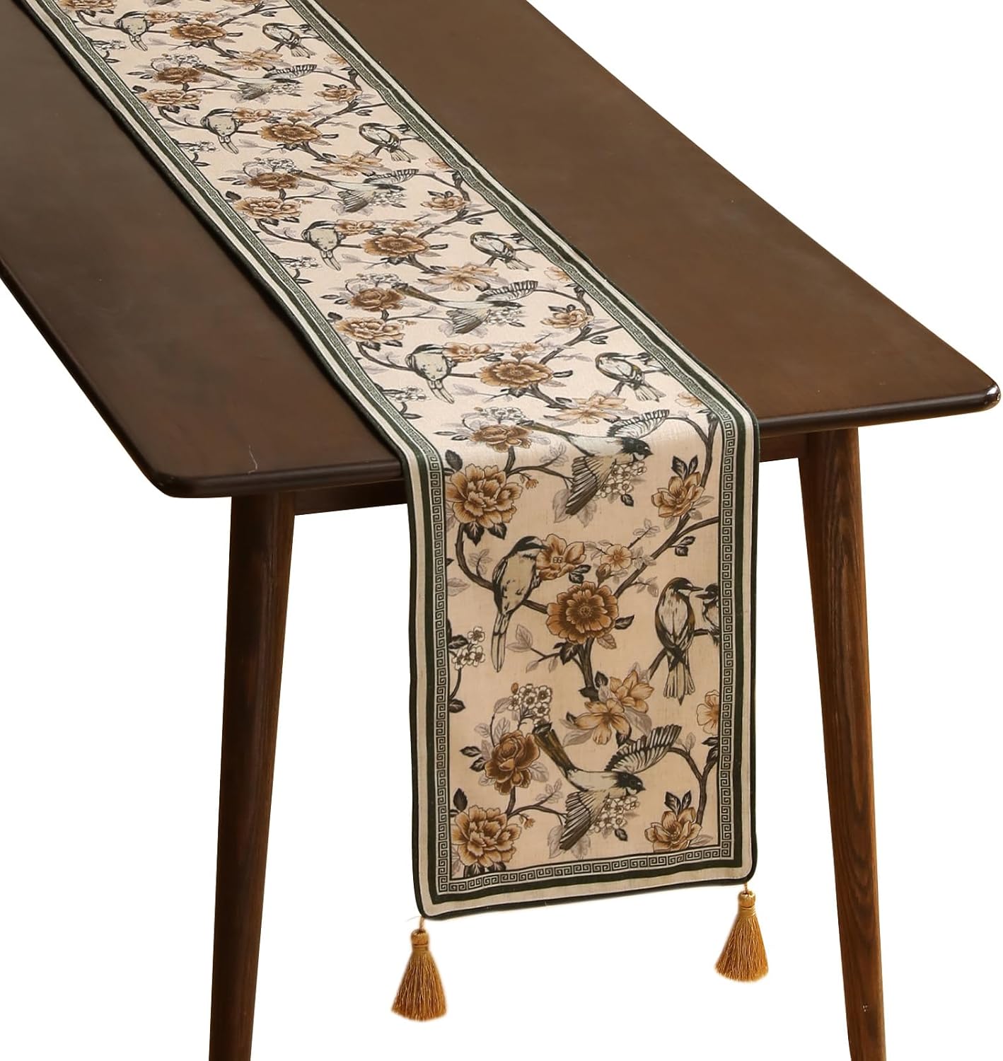ISAENNE Designer Vintage Beige Linen Table Runner 102 Inches Long,Elegant Floral and Bird Pattern Decor Table Runners for Dining Tables,Thanksgiving,Christmas,Banquet,Party,12"*102"-Murad A