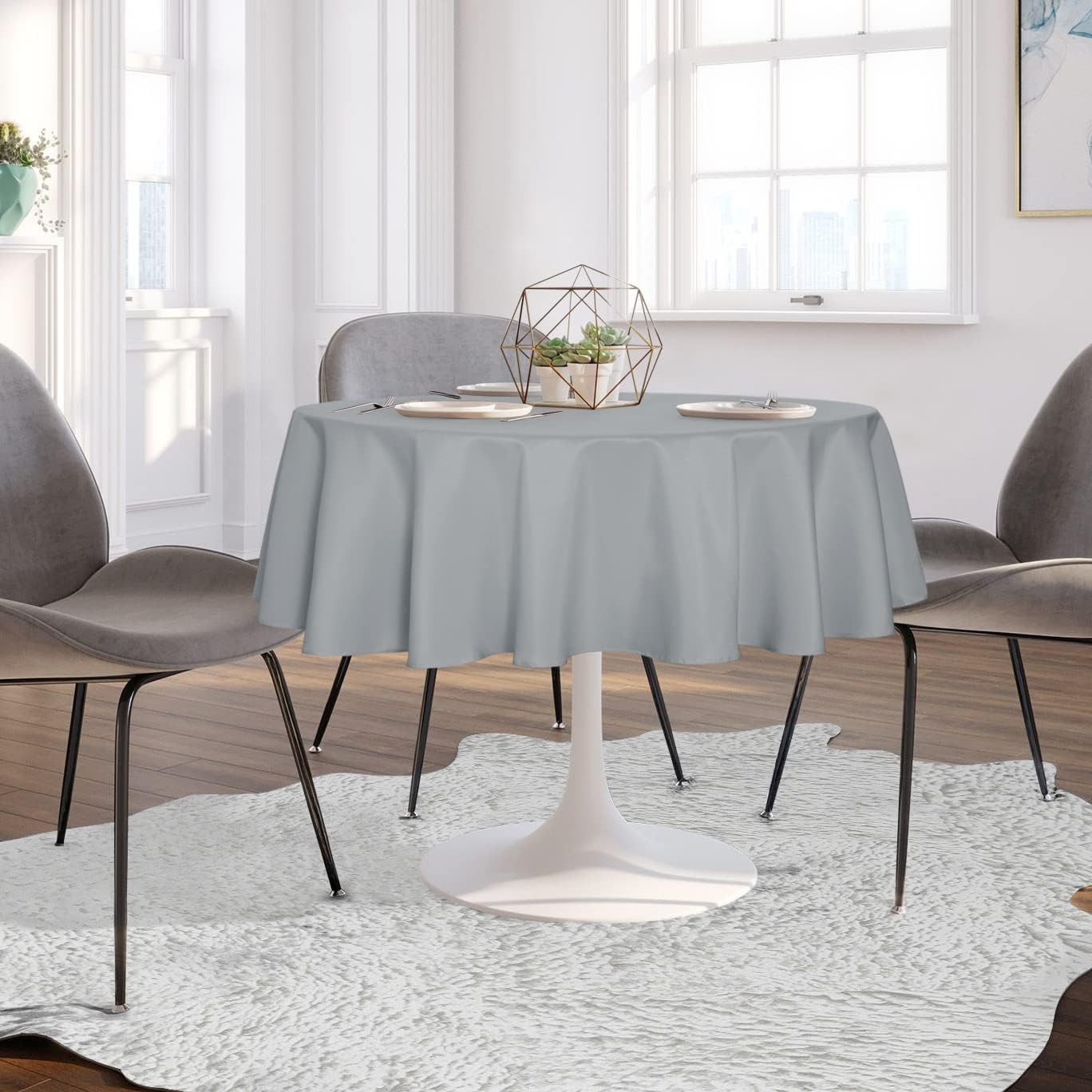 sancua Round Tablecloth - 80 Inch - Water Resistant Spill Proof Washable Polyester Table Cloth Decorative Fabric Table Cover for Dining Tables, Buffet Parties and Camping, Silver Grey