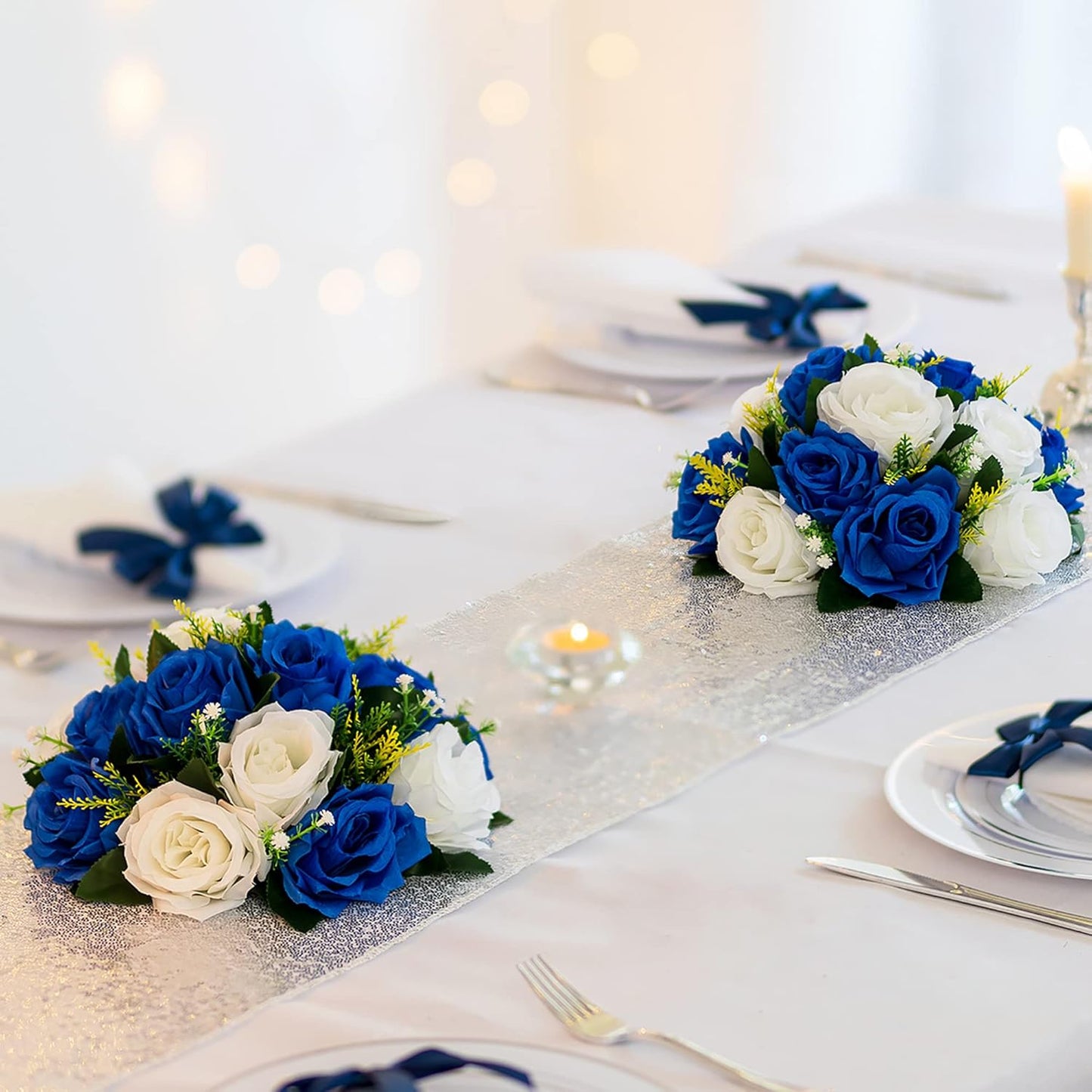 BLOSMON Rose Flowers Artificial for Decoration: 10 Pcs Royal Blue White Fake Kissing Balls for Wedding Table Centerpieces - Artificial Silk Floral Bouquet Arrangements for Home Party DIY Decor