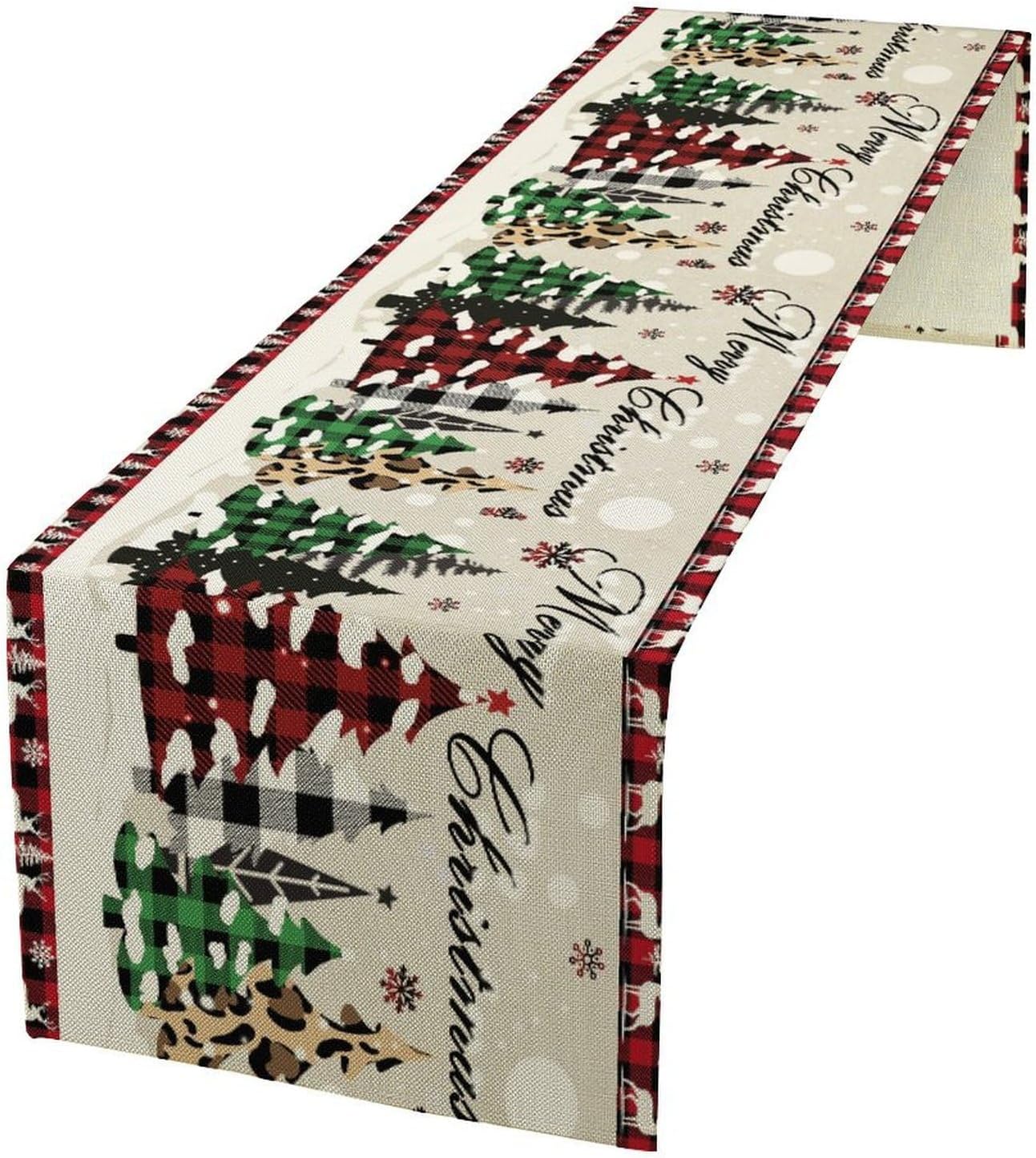Christmas Tree Table Runner,Farmhouse Xmas Trees Buffalo Plaid Winter Snowflake Tablecloth Burlap for Hotel Indoors Outdoor Dining Room Kitchen Home Decor,W13X L60 in