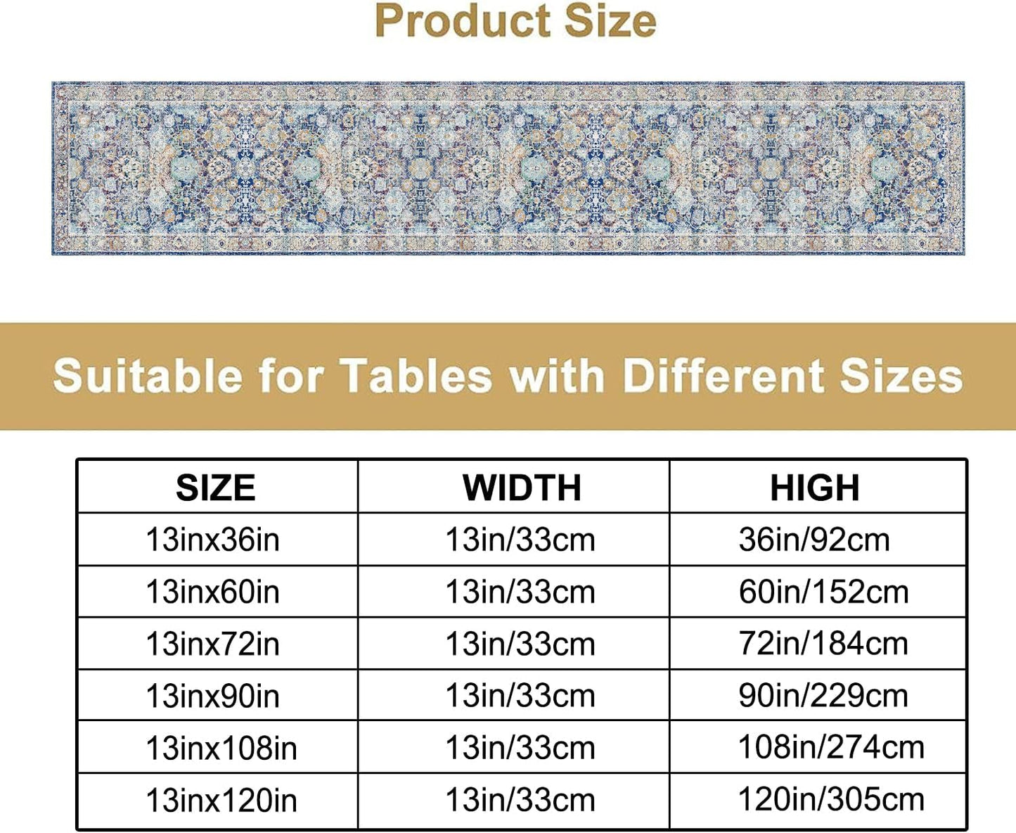 Vintage Boho Floral Table Runner, Rustic Country Farmhouse Blue Yellow Retro Flower Pattern for Home Kitchen Table Decor Dining Coffee Room Party Decor 13x36in