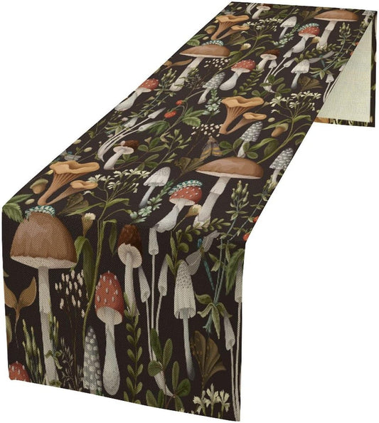 Mushroom Table Runner,Retro Forest Wildflower Botanical Plants Flower Art Pattern Print Burlap Hotel Indoors Outdoor Dining Room Kitchen Holiday Party, 13x108in