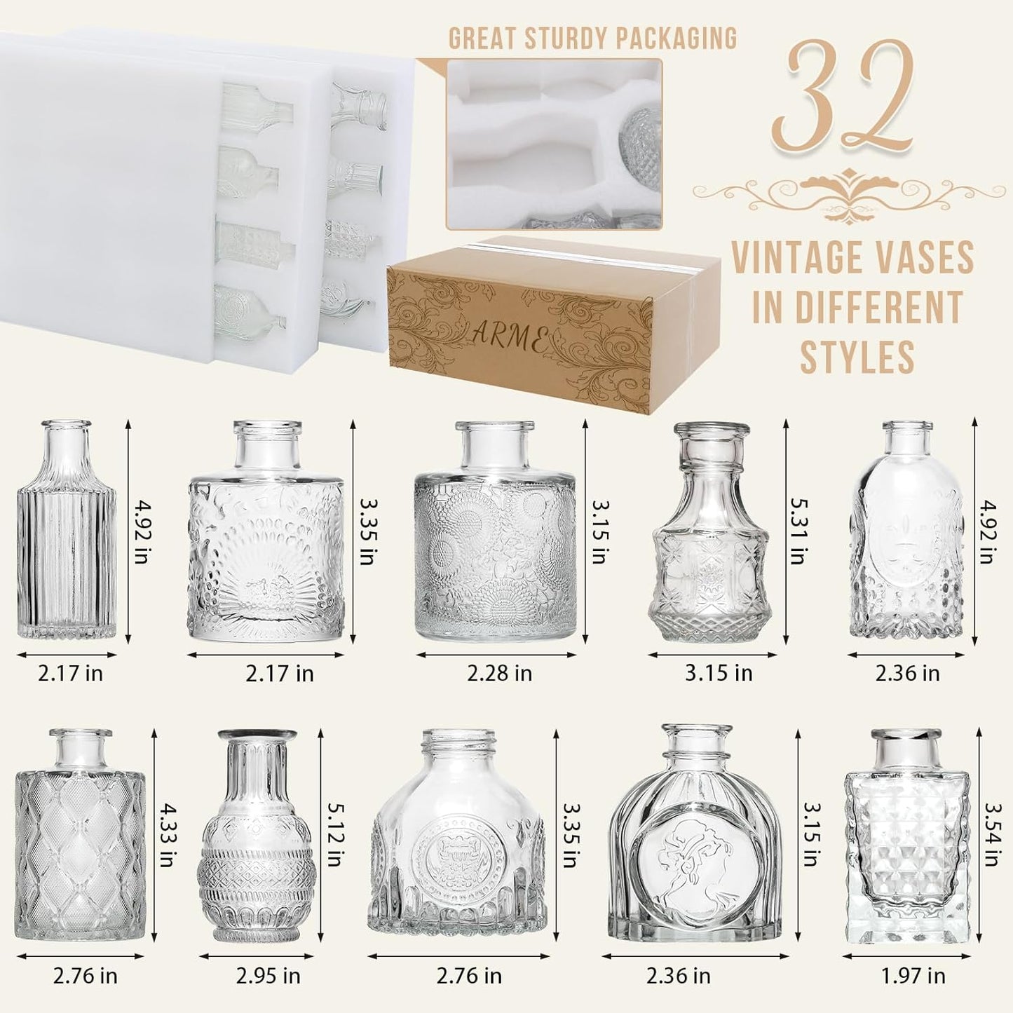 Arme Glass Bud Vase Set of 32 Pcs，Small Glass Vases for Flowers，Clear Bud Vases in Bulk，Vintage Vases for Centerpieces，Small Glass Bud Vase for Rustic Wedding Decorations，Home Table Flower Décor