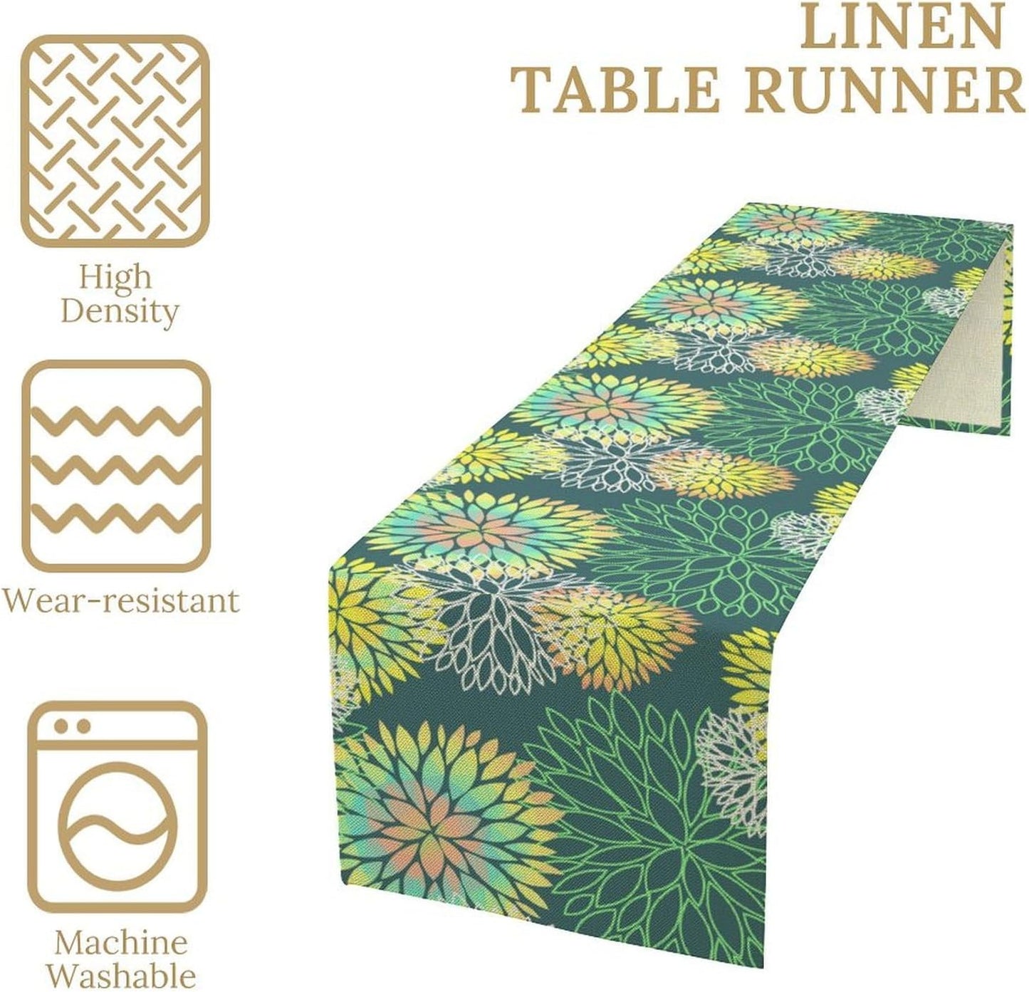 Green Dahlia Flower Table Runner, Linen Geometric Pattern Floral Table Decor Spring Farmhouse Decorations for Kitchen Dining Holiday Party Decor, 13x70 Inch